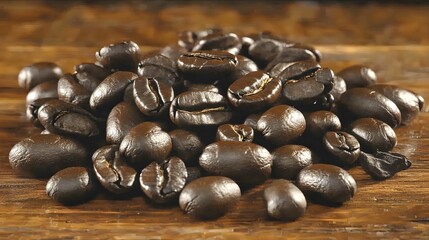 Close-up Roasted Coffee Beans on Wooden Table
