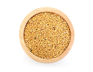Aromatic mustard seeds in bowl isolated on white, top view