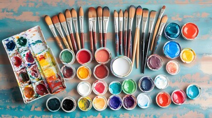 Naklejka premium Vibrant Artist Paint Brushes and Colors Palette