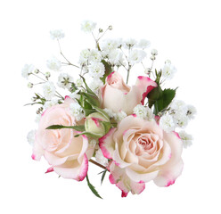 Bouquet with beautiful gypsophila and roses on white background