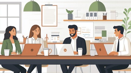 Stock photo concept: A flat style business illustration of professionals collaborating in a modern co working space, laptops and coffee cups on the table