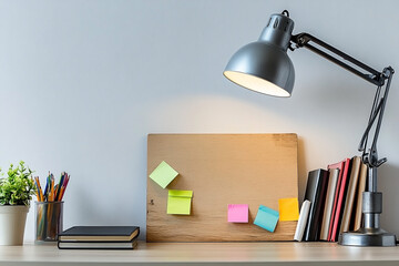 Illuminated study corner with wooden board and stack of books under a lamp