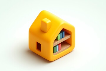 A cozy vibrant houseshaped bookshelf with colorful books and a chimney perfect for home deco