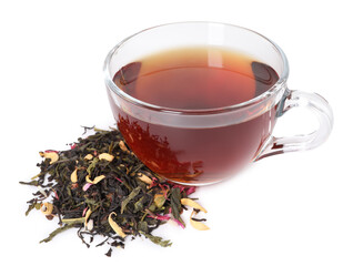 Delicious herbal tea in glass cup and dry leaves isolated on white