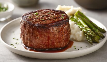 Grilled steak with mashed potatoes and asparagus.  Tender, seasoned steak, rich gravy, creamy potatoes, and green asparagus