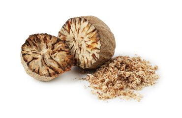 Halves of nutmeg and powder isolated on white