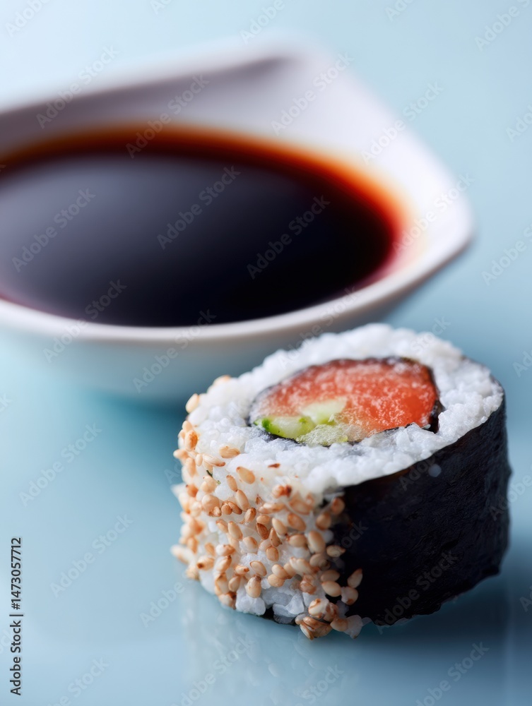 Poster close-up of a delicious sushi roll with sesame seeds and a side of soy sauce on a light gradient bac