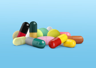 Different antibiotic pills on light blue gradient background