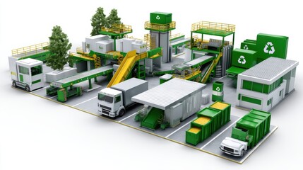 Modern recycling facility with machinery and trucks.