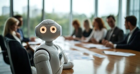 A photograph depicts an AI robot sitting at the head of a conference table, surrounded by business