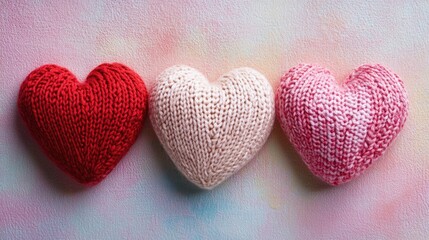 Fototapeta premium A vibrant display of hand-knitted hearts in various shades of pink and red arranged symmetrically on a soft pastel background. perfect for Valentine's Day or craft inspiration