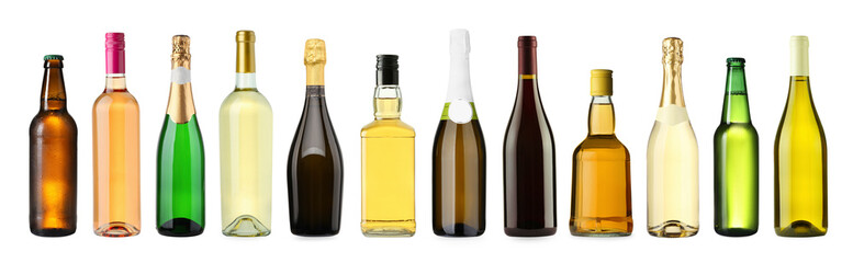 Bottles with different types of alcoholic drinks isolated on white, set