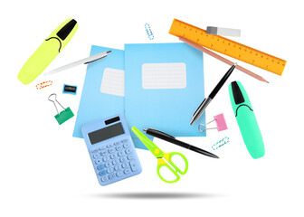Pens and other different stationery in air on white background