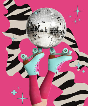 Creative collage with shiny disco ball and woman wearing vintage roller skates on bright background