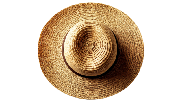 Woven straw sun hat on transparent background, top view. Fashion accessory and summer style concept
