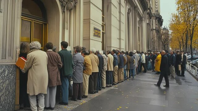 A long queue of people waiting outside a building, depicting a moment of anticipation and the social dynamics within an urban environment