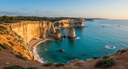 Coastal Cliffs and Turquoise Sea at Sunset
