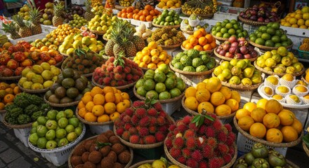 Colorful Tropical Fruit Display at a Vibrant Outdoor Market