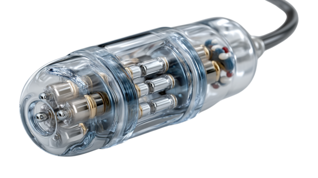 Gastrointestinal Endoscope Close-Up: A detailed view showcases a cutting-edge medical gastrointestinal endoscope, highlighting its intricate internal components within a clear, futuristic design.