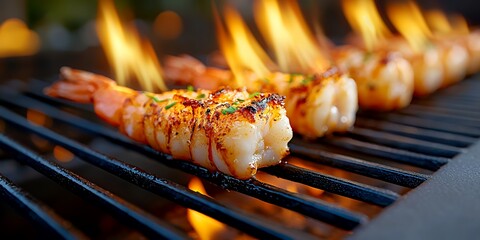 Close up of grilled shrimp on a barbecue flames licking the juicy seafood a summer cookout or seafood feast showing appetizing grilled shrimp