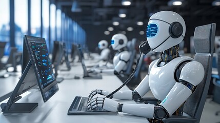 A futuristic ai driven call center with intelligent chatbots handling customer queries in modern digital art style