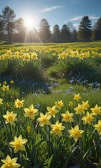 Obraz premium Sunlit daffodils burst forth in a verdant meadow under a brilliant blue sky , green field, flora, lush green