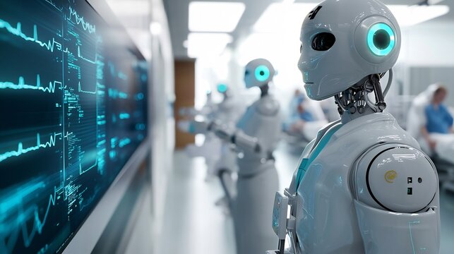 A futuristic ai driven hospital where robotic doctors and nurses assist in patient care in modern digital art style - Powered by Adobe