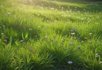 Vibrant green grass, wildflowers in bloom, June sunlight , life, environment, flowers