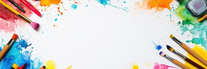 Creative preschool background featuring vibrant watercolor splashes and drawing tools for artistic expression and fun