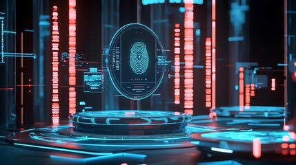 A futuristic ai powered banking system with biometric authentication, holographic touch interface, and secure data encryption visualization in modern digital art style