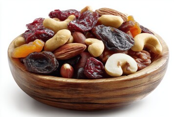 Colorful Mix of Dried Fruits and Nuts in a Decorative Wooden Bowl for Healthy Snacking and Culinary Inspiration