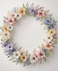 Intricate watercolor petal wreath; soft color palette, white backdrop ,  watercolor,  summer,  white