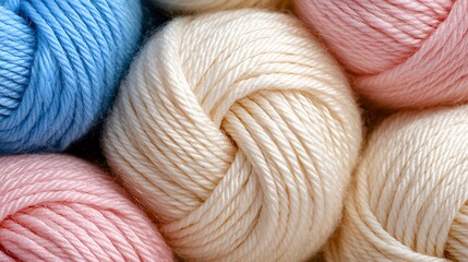 Close up shot of vibrant yarn balls displaying textures and hues of blue pink and cream 