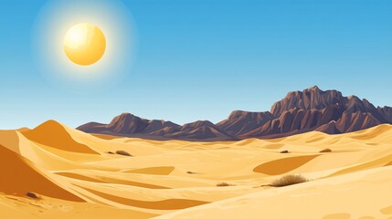 Serene Desert Landscape with Golden Dunes and Distant Mountains