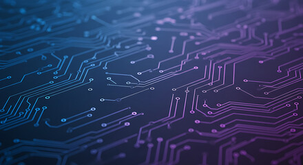 Abstract motherboard design with interconnecting paths in blue and purple gradients, showcasing circuitry and connectivity.