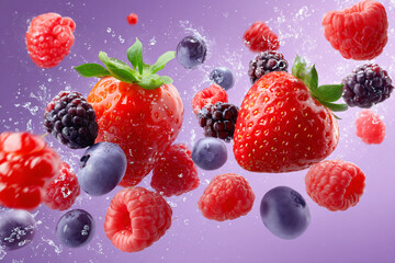 Fresh Berries Water Splash Colorful Background: Strawberries, Raspberries, Blackberries, Blueberries, Summer Nutrition Recipe, Organic Fruit Vibrancy Harvest, Sourcing Refreshing Bowl Dessert