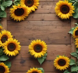 Obraz premium Sunflowers in vibrant bloom arranged on rustic wooden board , visual, wooden board