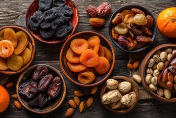 Colorful Variety of Dried Fruits and Nuts Arranged in Wooden Bowls on a Rustic Wooden Table Surrounded by Fresh Fruits and Nuts