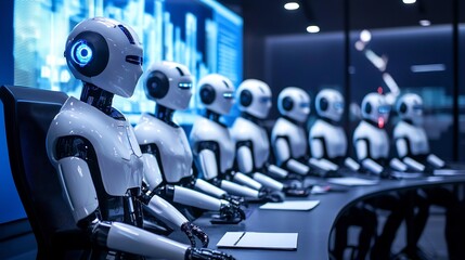Obraz premium A futuristic business meeting where ai avatars represent remote international teams – high-quality AI image