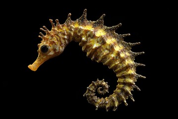 A beautifully detailed seahorse gracefully swimming against a dark background. showcasing its unique features and vibrant colors. ideal for marine life education or decor