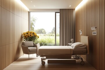 A serene hospital room featuring a neatly made hospital bed beside a large window. adorned with bright sunflowers. creating a calming atmosphere for recovery