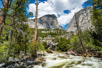 Yosemite National Park Vernal Falls, Nevada Falls, Emerald Pool, Mist Trail, and Charles Point in the Spring of 2025 with the stream and falls raging from snow melt