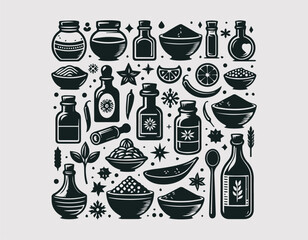 Assorted Spice Bottles and Bowls Vector Logo Design, Various Spice Jars and Bowls Vector Logo