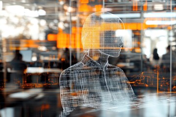 A focused individual working on a laptop in a modern office environment. illuminated by vibrant orange lights and digital overlays. with colleagues in the background engaged in discussion