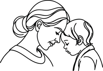 Simple black and white line art illustration of a mother and child loving embrace and tender connection