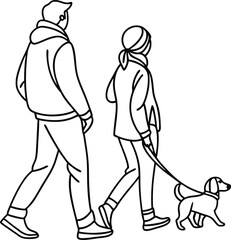 Two people walking with a small dog on a leash in black and white outline illustration
