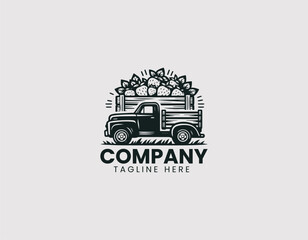 Obraz premium Pickup Truck Carrying Fresh Strawberries Wooden Crates Vector Logo Design, Truck Hauling Fresh Strawberries Wood Boxes Vector Logo
