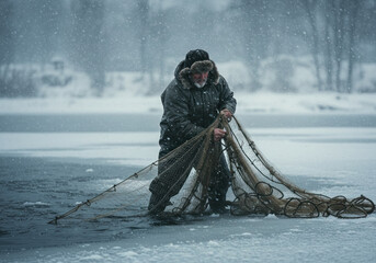 Man in black jacket and hat pulls a net.