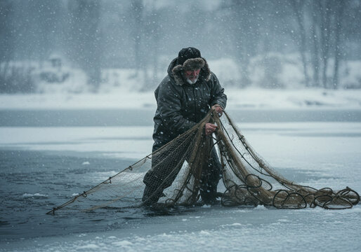 Man in black jacket and hat pulls a net.