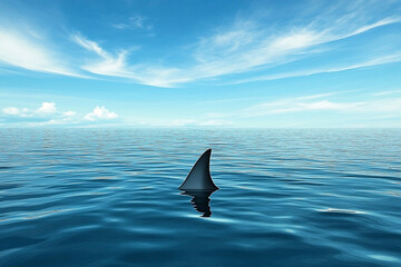 Shark fin cutting through calm ocean waters against a blue sky backdrop